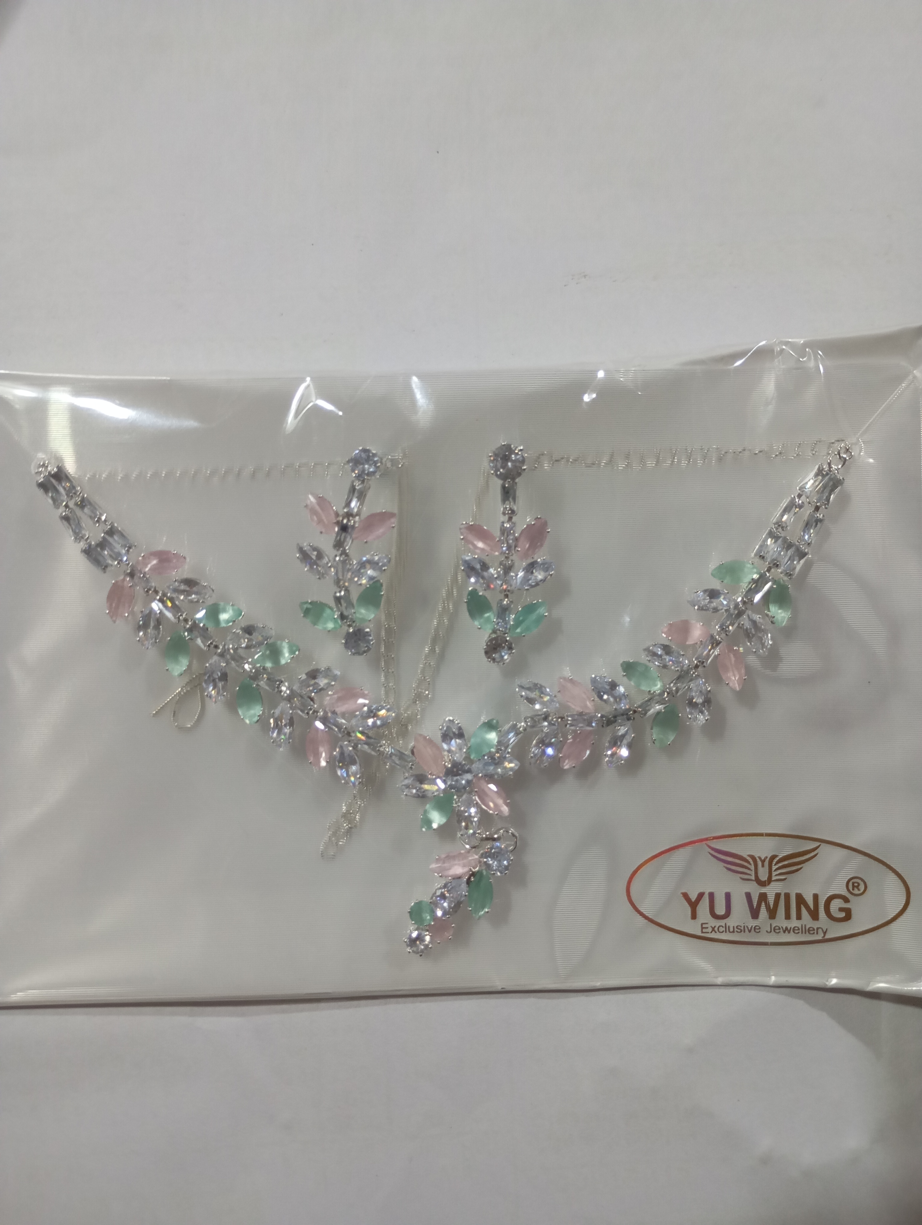Green & Pink colour Diamond Necklace Set Silver Touch For All Occasions.
