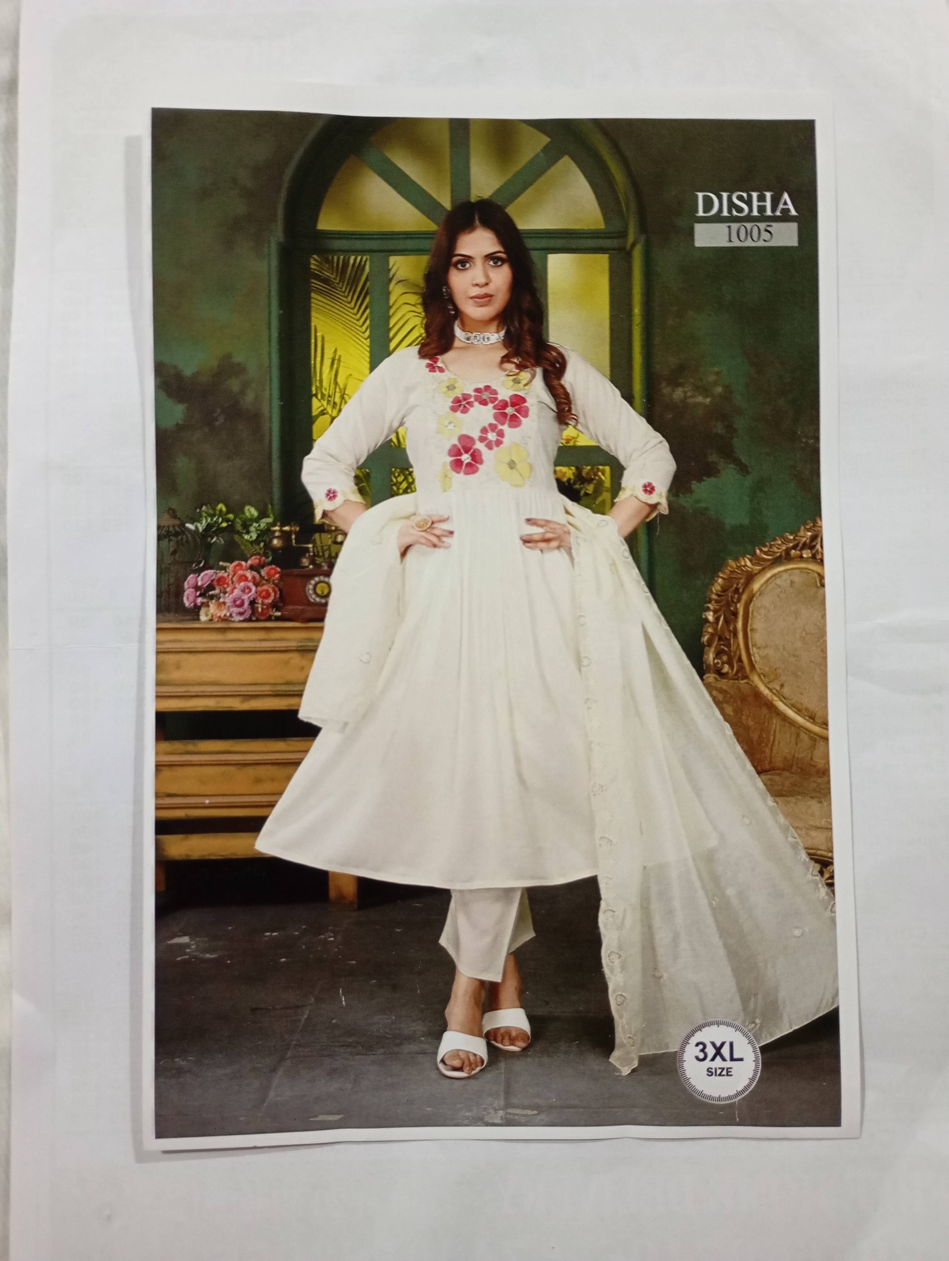 Deesha Fashionable, Elegant, Stylish Cream Colour A-line Exclusive Embroidery design Work Kurti Set For Party Wear.