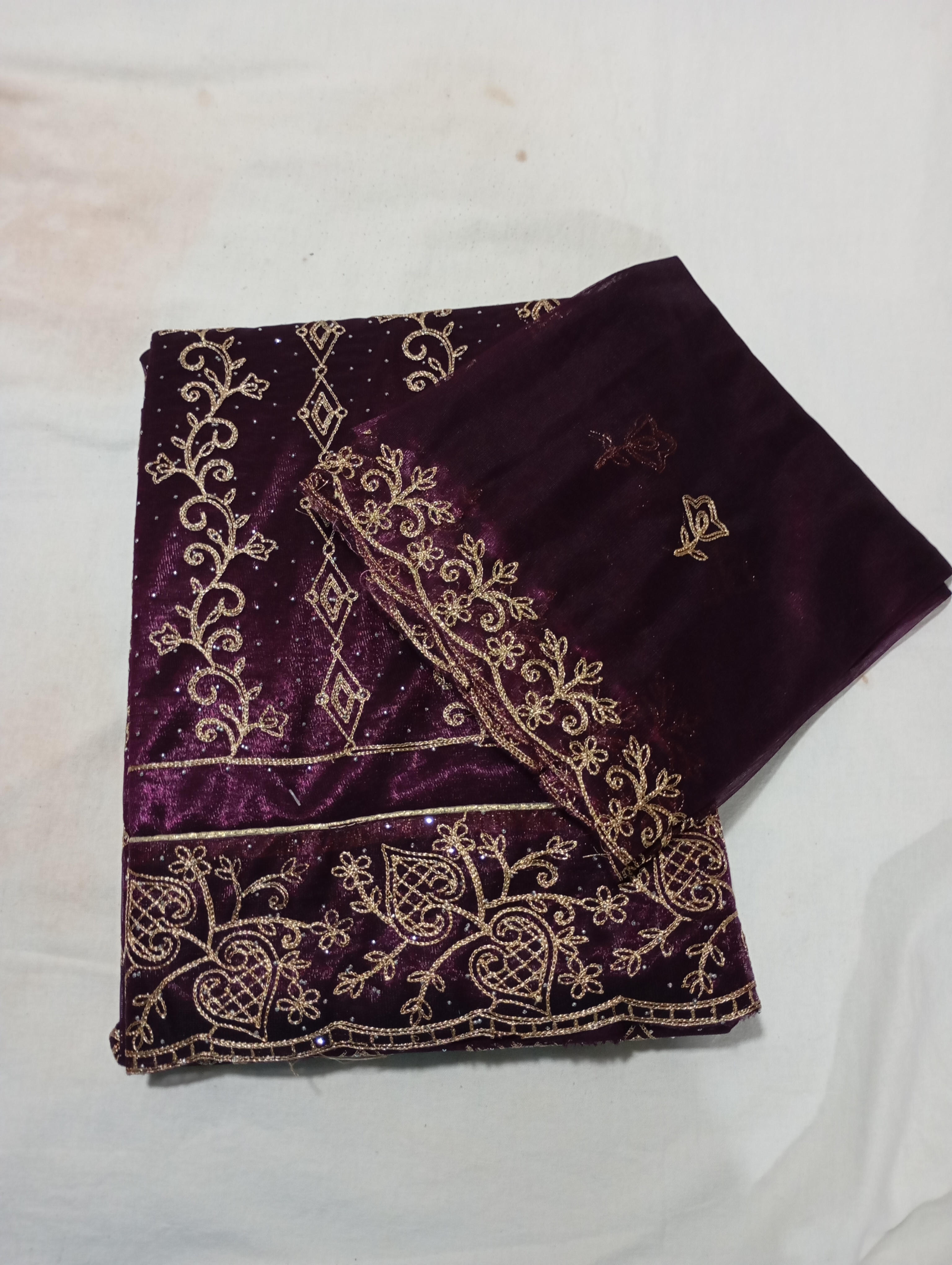 Wine Colour Shimmer Silk Dress Material - Top And Duppata With Badla and Zari Embroidery Work and Plain Bottom