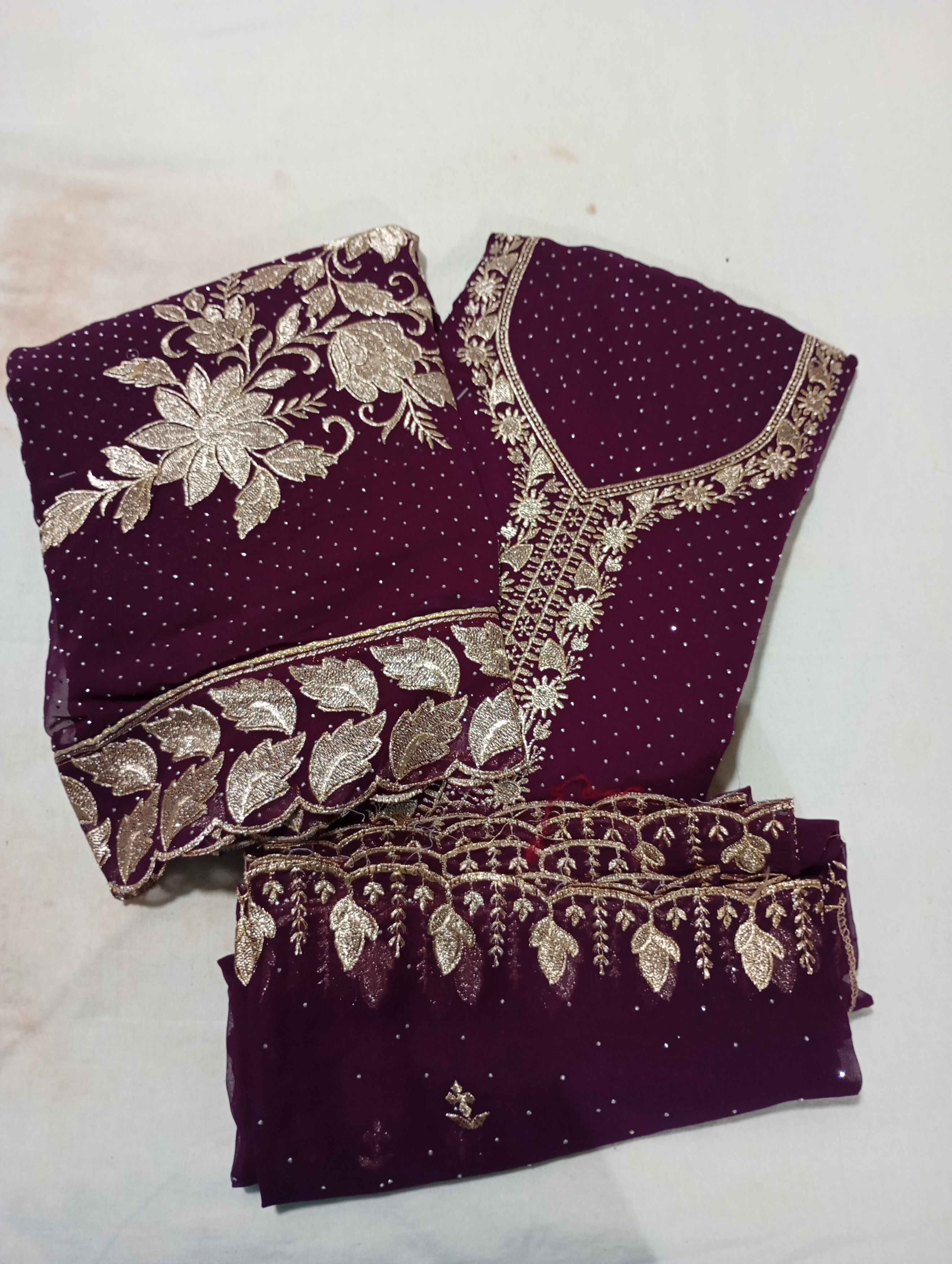 Maroon Colour Georgette Zari Embroidery and Badla work Dress Material With Dull Santoon Bottom