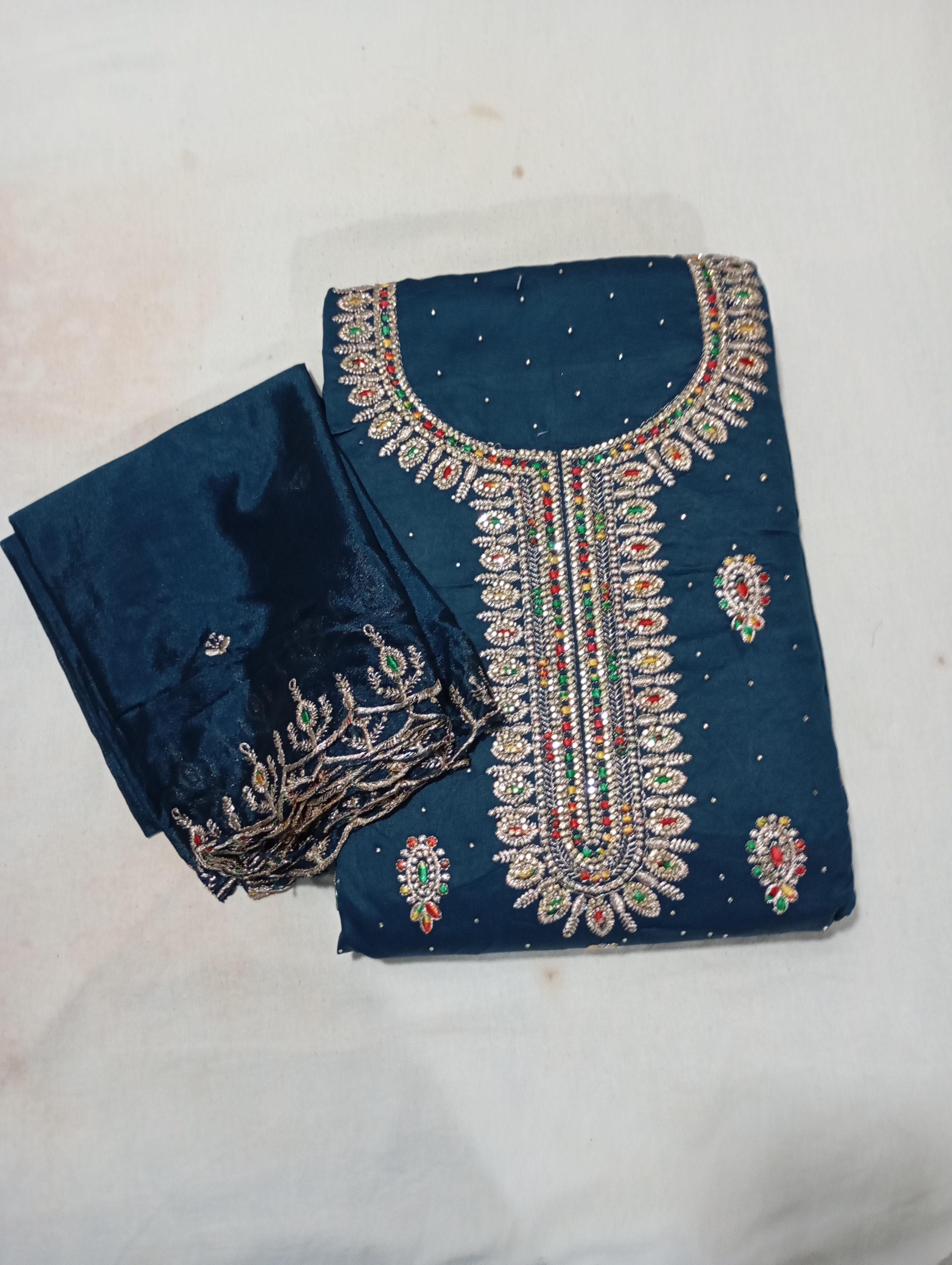 Jaam Silk Blue Colour Dress Material With Chinnom Duppata With Zari, Thread and Stone Work.