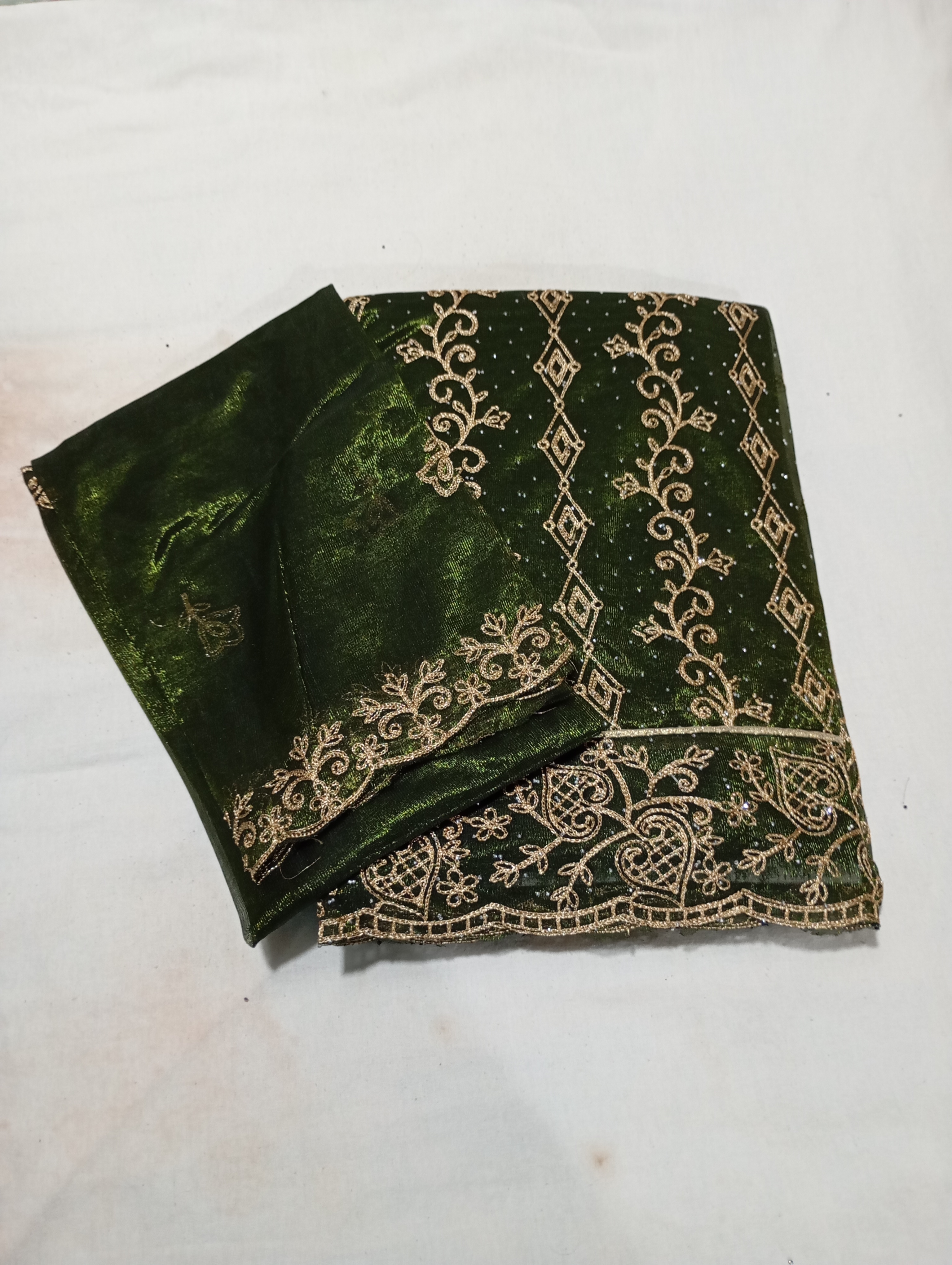 Green Colour Shimmer Silk Dress Material - Top And Duppata With Badla and Zari Embroidery Work and Plain Bottom