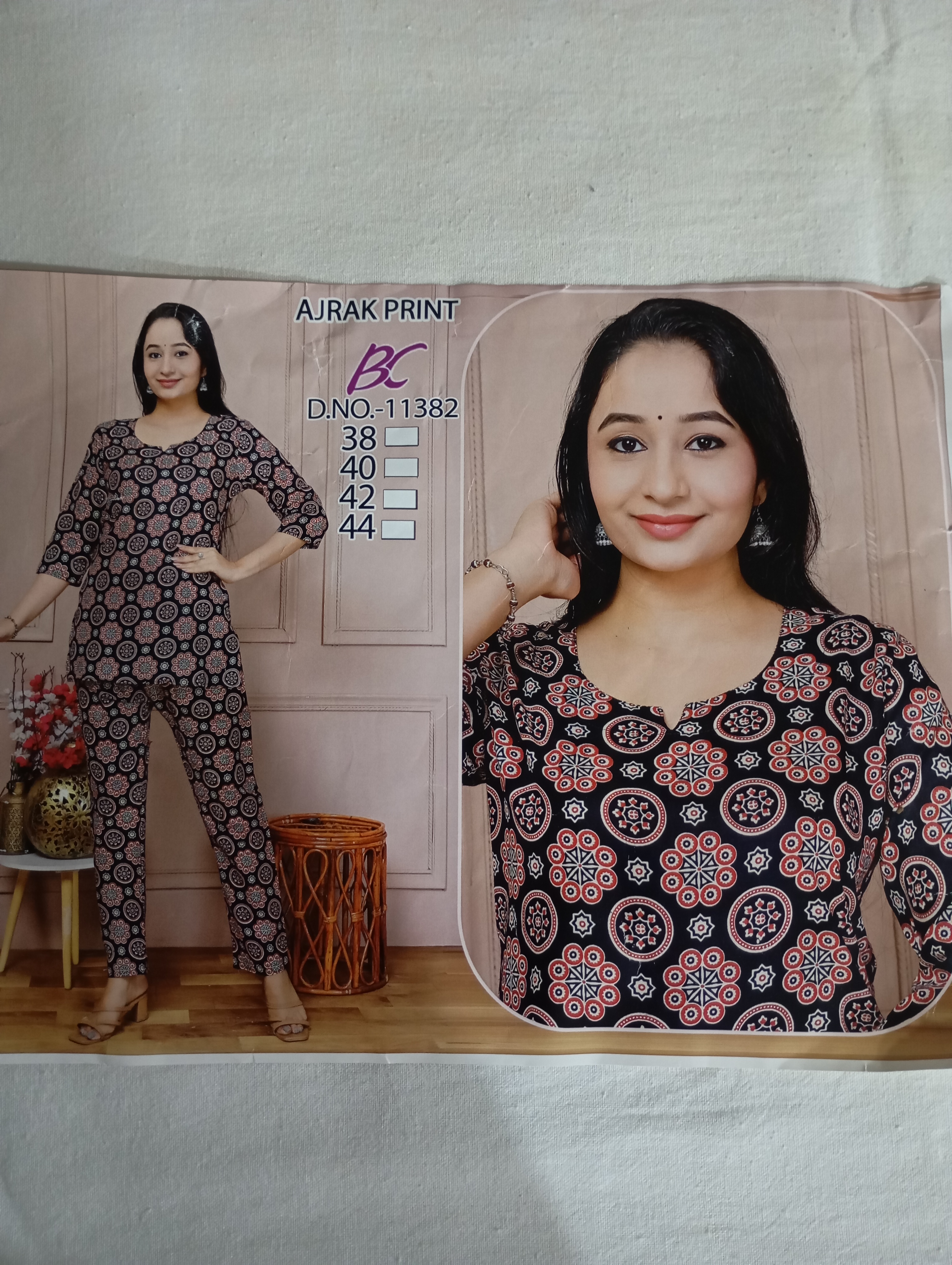 Jaipuri Red and Black Colour Cotton Cord Suit with Ajarak Print